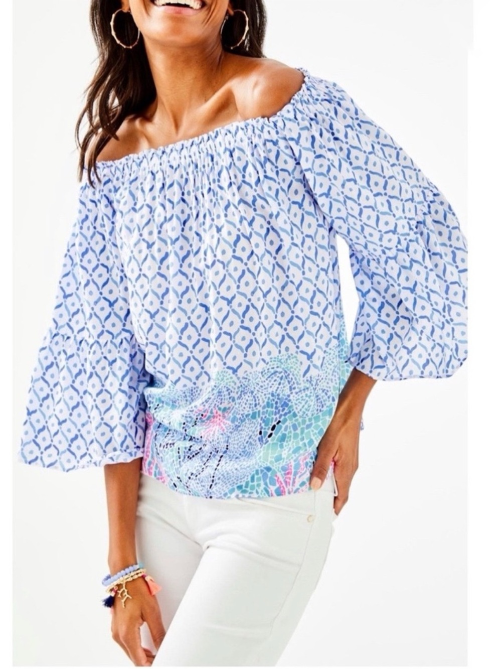 Lilly Pulitzer Nevie Off The Shoulder Blouse Size M Beach Resortwear - Picture 1 of 11